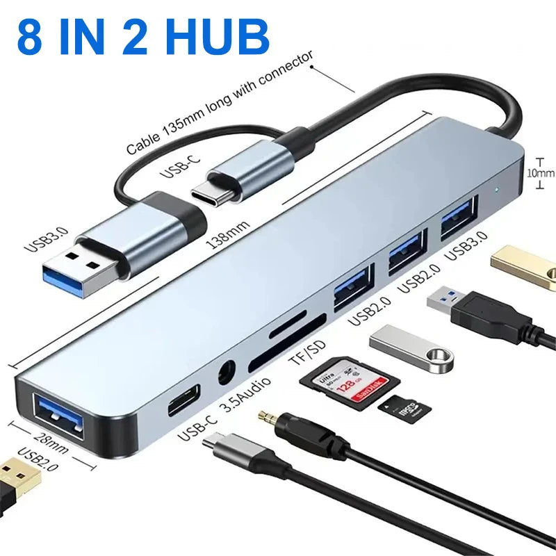 8 in 2 USB +Type C HUB Docking Station with 3.5mm Audio Jack Adapter Micro SD Card Reader Laptop Tablet Phone Disk Converter