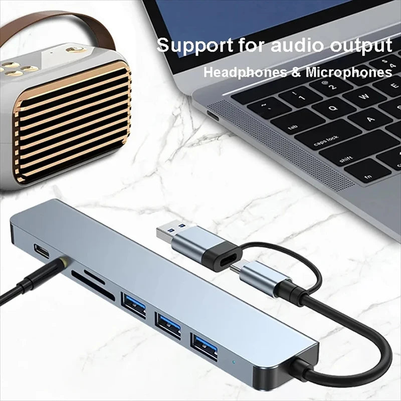 8 in 2 USB +Type C HUB Docking Station with 3.5mm Audio Jack Adapter Micro SD Card Reader Laptop Tablet Phone Disk Converter