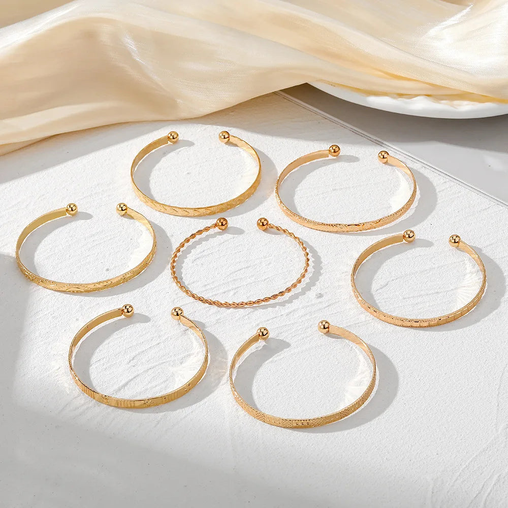 7pcs/set Retro Gold Carved Heart Hexagon Star Twists Geometric Opening Bangle Set Women Cuff Bracelet Fashion Jewelry