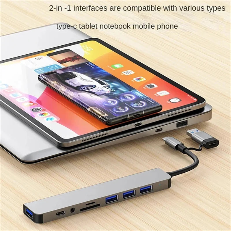 8 in 2 USB +Type C HUB Docking Station with 3.5mm Audio Jack Adapter Micro SD Card Reader Laptop Tablet Phone Disk Converter