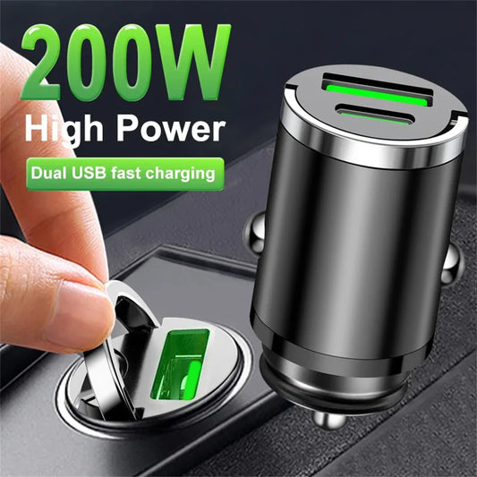 200W Mini Dual Ports USB Car Charger Lighter Fast Charging Car Phone Charger Adapter for iPhone 13 12 Xiaomi Huawei Samsung