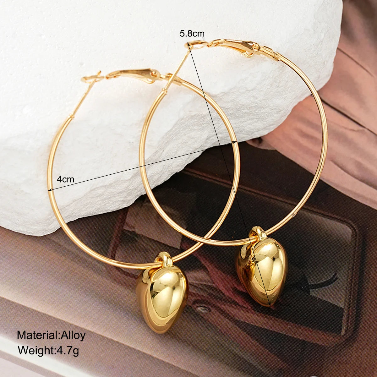 2024 New Heart Pendant Drop Earrings for Women Fashion Gold Color Design Exaggerate Big Circle Hoops Earring Korean Jewelry Gift